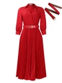 Detail of red V-neck pleated dress featuring a slim waist belt with golden buckle - S / Red