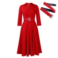 Plus size red vintage dress with v-neck and matching silver buckle waist belt - S / Red