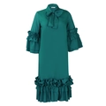 Detail of teal green dress featuring bow neckline and triple-layered ruffle sleeves - S / Green