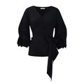Detalle de la blusa cruzada negra con cuello en V, mangas abullonadas y lazo en la cintura - S / Negro