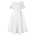 Detail of elegant white sleeveless dress featuring a shoulder cape and A-line waist design - S / White
