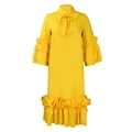 Detail view of the yellow dress showing the tiered ruffle sleeves and chic bow neckline - S / Yellow