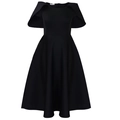 Detail of elegant black A-line dress featuring cape sleeves and a flared skirt design - S / Black