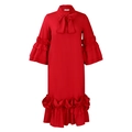 Detail of red long sleeve dress with ruffle hem and bow tie neckline design - S / Red