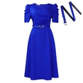 Elegant royal blue V-neck midi dress with pleated skirt and matching buckled belt - S / Blue