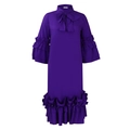 Detail of dark purple midi dress with large bow neckline and tiered ruffle flare sleeves - S / Purple