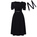 Elegant black mid-length dress with puff sleeves and matching buckle belt - S / Black