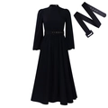Elegant black mock neck long sleeve dress featuring a wide belted waist and A-line skirt - S / Black