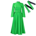 Elegant bright green long sleeve dress with high neck and matching wide square buckle belt - S / Green