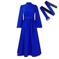 Royal blue long sleeve dress with high collar and matching belt in A-line silhouette - S / Blue
