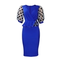 Königsblaues V-Ausschnitt Kleid mit gepunkteten Puffärmeln und 3D-Blumendetail an der Taille - S / Blau