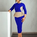 Detail of elegant navy bodycon dress with khaki peplum waist and 3/4 sleeves for office - S / Sapphire Blue