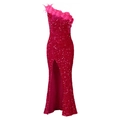 Abendkleid in Fuchsia mit Pailletten, Feder-Schulter-Detail und hohem Schlitz-Design - L / Rosarot