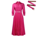 Detail of the rose red pleated dress featuring a classic lapel and leather belt with gold buckle - S / Rose Red