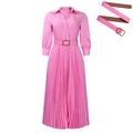 Detail of pink pleated maxi dress with gold buckle belt and elegant lapel neckline - S / Pink