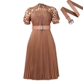 Elegant caramel lace patchwork dress with pleated skirt and metallic buckle belt - S / Deep Pink