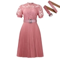 Pink short sleeve dress with lace bodice, accordion pleats and matching belt set - S / Hot Pink