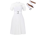White short sleeve pleated dress with lace hollow stitching and silver buckle belt - S / White