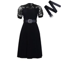 Elegant black lace short sleeve pleated dress with hollow patterns and square buckle belt - S / Black