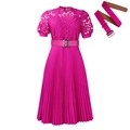 Short sleeve fuchsia pleated dress with lace hollow-out bodice and metal buckle belt - S / Bright Rose Red