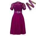 Short sleeve lace pleated dress in magenta with matching square buckle belt - S / Deep Rose Red