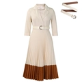 Elegant color-block pleated dress with lapel collar and belt in beige and brown - S / Beige with Belt