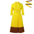 Elegant yellow color-block pleated dress with lapel collar and matching belt accessory - S / Yellow with Belt