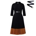 Elegant black long sleeve pleated dress with brown contrast hem and a metal buckle belt - S / Black With Belt