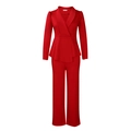 Detail of red business suit set featuring ruffle hem top and wide-leg trousers - S / Burgundy