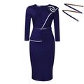 Elegant navy blue bodycon pencil dress with white floral detail and belt - S / Dark Blue with Belt