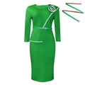 Elegant green long sleeve pencil dress with white spiral flower and matching belt - S / Green With Belt