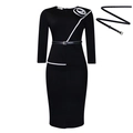 Elegant black long-sleeved pencil dress with white trim and rose floral detail - S / Black With Belt