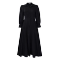 Detail of the high-waisted pleated skirt and lapel collar on this black long sleeve dress - S / Black
