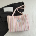 Bolso de lona a rayas rosas y amarillas con gran capacidad y diseño de moda actual - Rosa