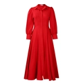 Detail of red long-sleeve maxi dress showing the spread collar and A-line waist cut - S / Red