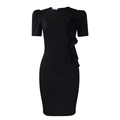 Close-up of elegant black dress with ruffle details and 3D floral decoration on the chest - Black