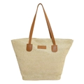 Minimalistische Stroh-Eimertasche mit Lederriemen und Mode-Patch für Sommerausflüge - Khaki