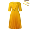Elegantes hellgelbes V-Ausschnitt Plissee-Kleid mit asymmetrischem Kragen und Taillengürtel - S / Gelb