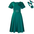 Elegant dark green square neck dress with a rhinestone belt and ruffled sleeves - S / Dress And Flower Pin And Belt / Green