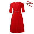 Rotes Midikleid mit V-Ausschnitt, Plissee-Rock und schmalem Taillengürtel mit Schnalle - S / Rot