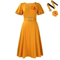 Square neck bright yellow dress with matching waist belt and floral brooch accessory - S / Dress And Flower Pin And Belt / Yellow