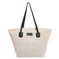 Sommer-Stroh-Tote-Tasche in Beige mit schwarzen Kunstledergriffen und Fashion-Aufnäher - Schwarz