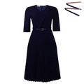 Elegantes dunkelblaues Kleid mit V-Ausschnitt, Plissee und passendem Gürtel - S / Dunkelblau