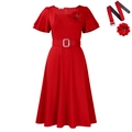 Elegant red square neck dress with matching belt and decorative flower brooch - S / Dress And Flower Pin And Belt / Red