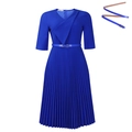 Königsblaues Plissee-Kleid mit V-Ausschnitt, asymmetrischem Kragen und Gürtel - S / Königsblau