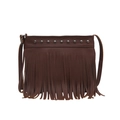 Bohemian dark brown bucket bag with fringe tassels and vintage silver rivets - Brown