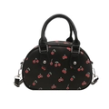 Black cherry print bowling handbag with dual handles and detachable shoulder strap - Black