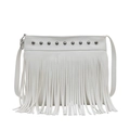 White French vintage bucket bag with litchi texture leather and bohemian fringe details - White