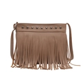 Brown tassel crossbody bag with lychee texture and metal studs in bohemian style - Khaki