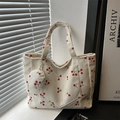 Corduroy tote bag with red cherry print and matching charm in minimalist cream white - White